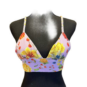 AGUA BENDITA PURPLE FLORAL PADDED CROP WITH BRAIDED STRAPS & TIE BACK DETAIL